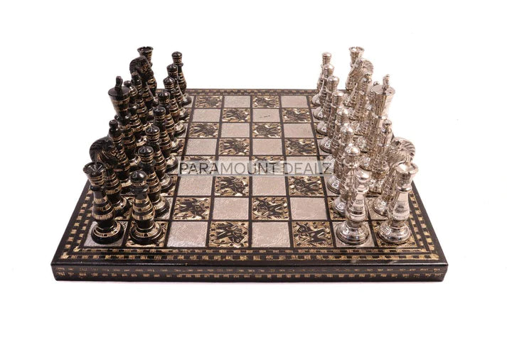 Playminds 14" Brass Chess Board with 32 Brass Chess Pieces and Wooden Chess Box - King Height 3.75"