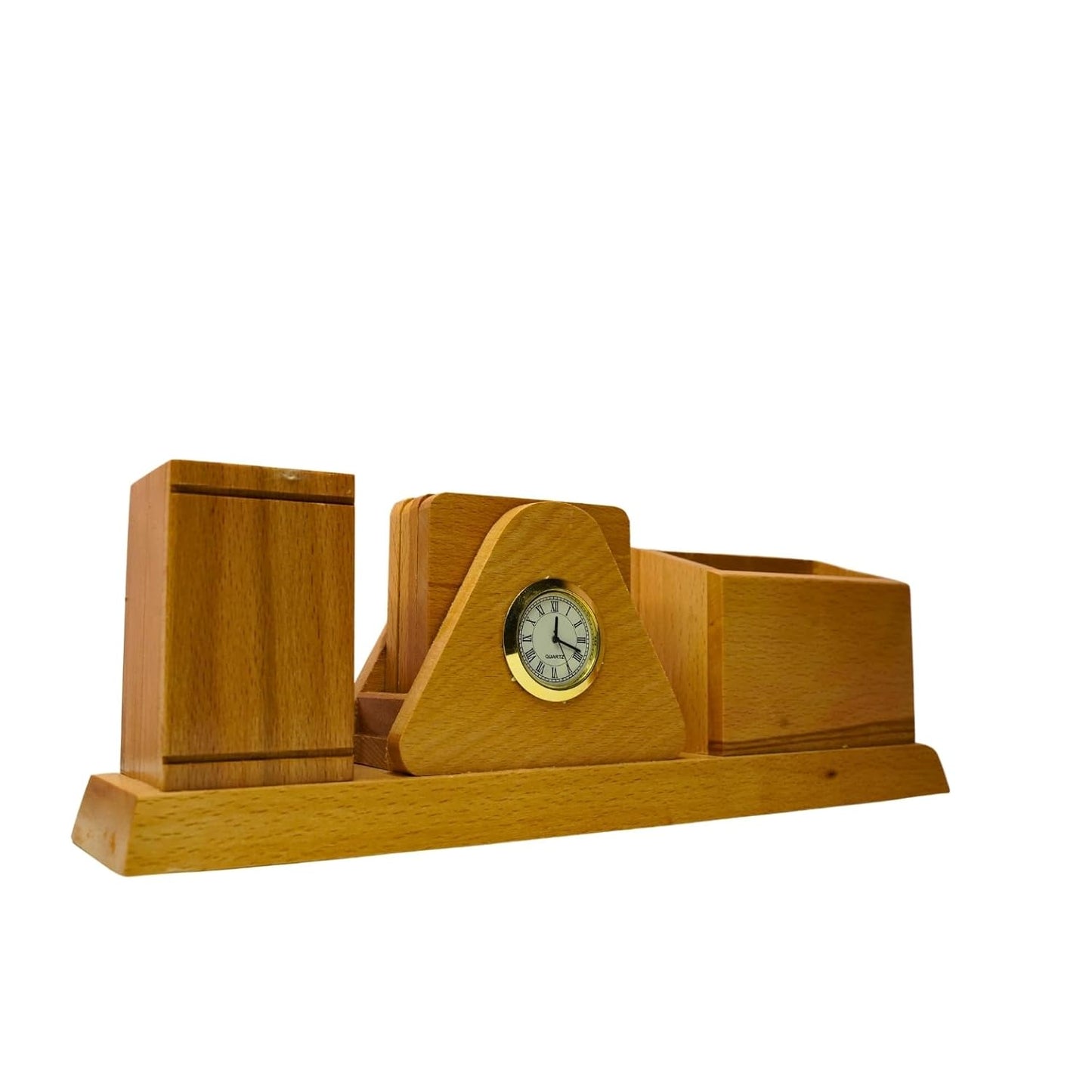 Craft Closet & Gifts - Wooden Desk Organizer with Pencil Pen Stand, Mobile Holder, Clock, and Coaster - Personalized Office Accessory for For IAS, Advocates, Office & Corporate Gifts