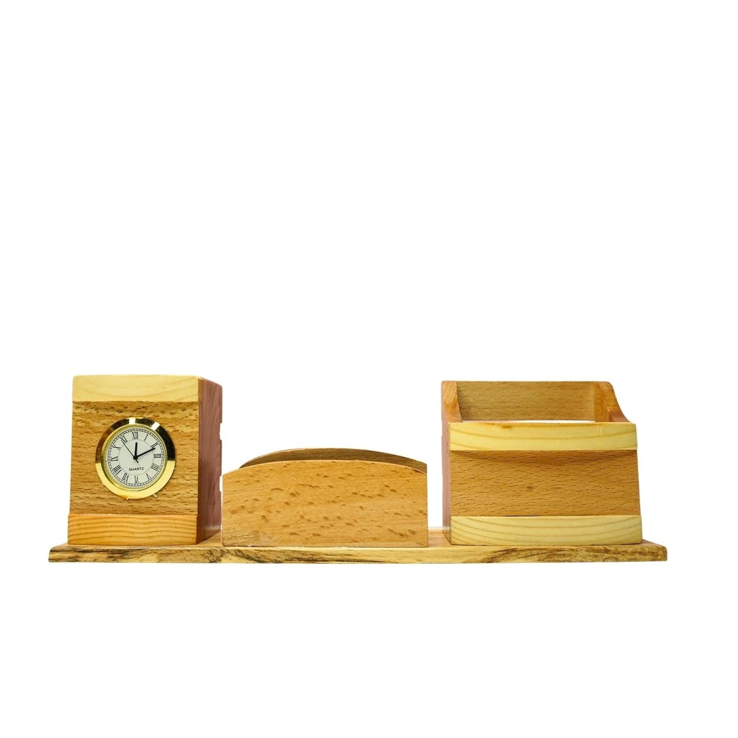 Craft Closet & Gifts - Steam Beech Wood Pencil/Pen Stand Holder with Mobile and Card Holder + Clock - Design 1 - Personalized Office Accessory for IAS, Advocate, Office & Corporate Gifts