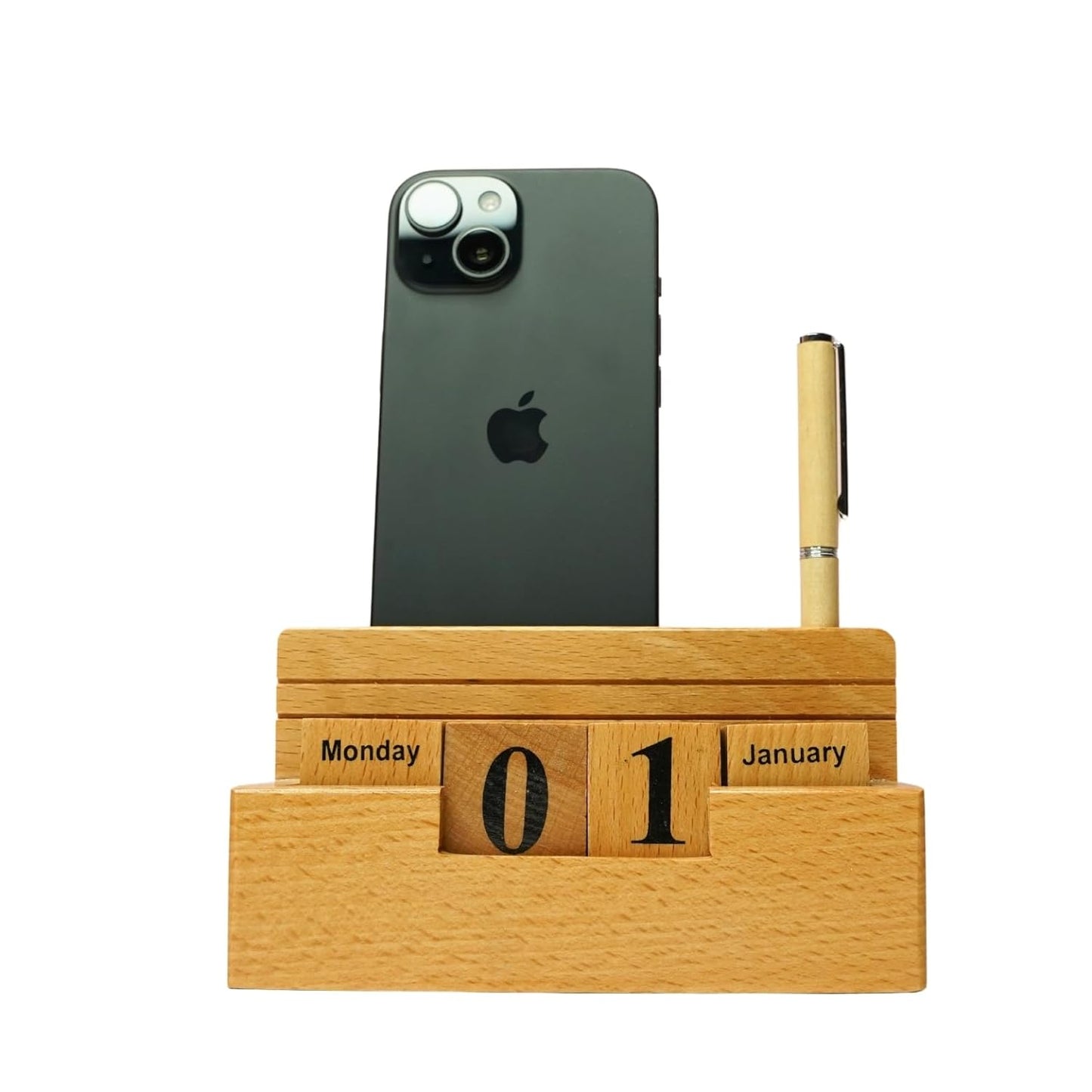 Craft Closet & Gifts - Wooden Stylish Rolling Table Calendar Design Single Pen/Pencil Holder + Mobile Stand - Personalized Office Desk Supplies Accessory for IAS, Advocate, Office & Corporate Gifts