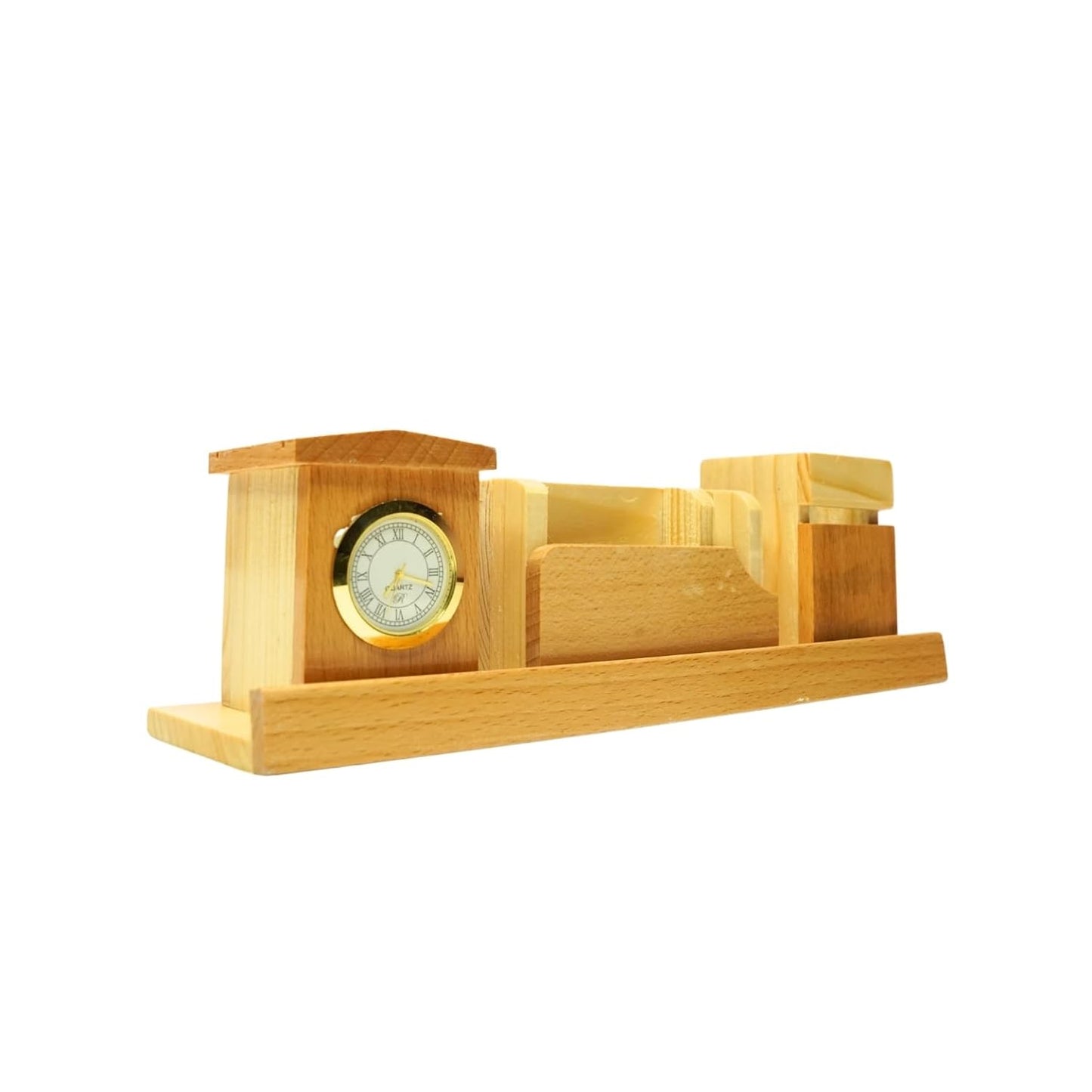 Craft Closet & Gifts - Wooden Pencil/Pen Stand Holder with Mobile, Card Holder and Clock - Design 2 - Personalized Office Accessory for IAS, Advocate, Office & Corporate Gifts