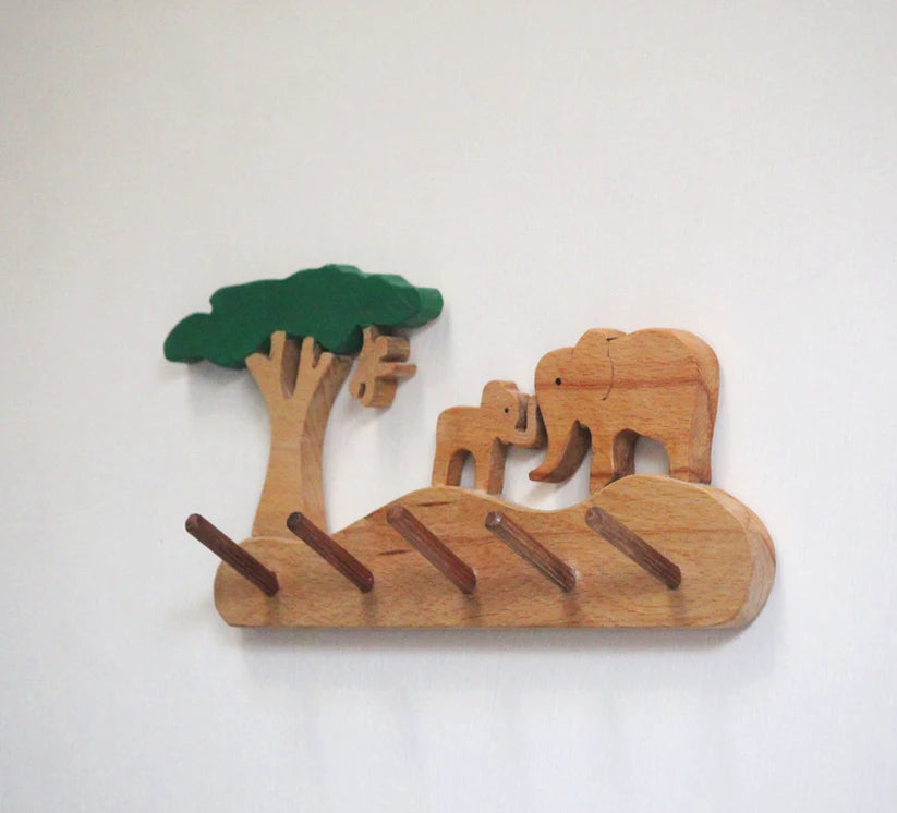 Playminds Elephant Grassland Kids Wall Hanger | Keys, Cloths, ID Cards Hanger| Kids Room Organiser | Natural Wood Hanger