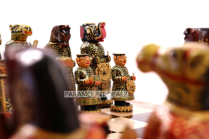 Playminds Wooden Indian Musical Theme 6" Chess Set - Handcrafted Chess Board with Chess Pieces and Box | Golden Rosewood Board for Kids and Adults
