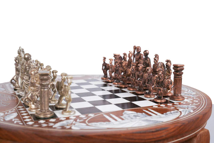 Playminds Handmade Wood Chess Table with Bone Inlay, Hand Crafted Solid Luxury Wooden Board Game & Weighted Pieces Set - Living Room Decors for Lovers