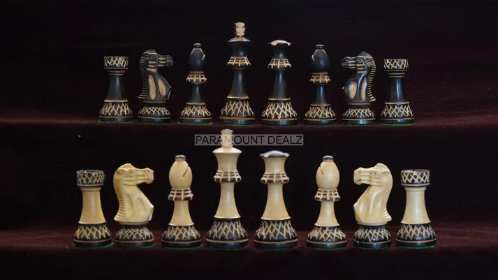 The Burnt Blazed Series Hand carved 3.75" King Size 32 + 2 Extra Queens Wooden Chess Pieces with Velvet Carry Pouch and Sheesham Wooden Chess Box