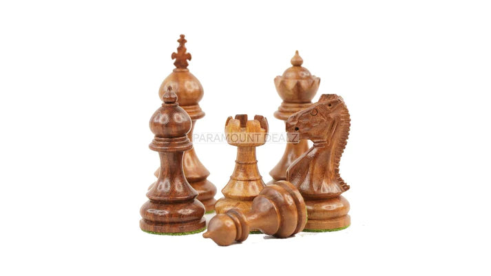 The Taj Series Royal 3.75" King Size 32 + 2 Extra Queens Wooden Chess Pieces with Velvet Carry Pouch and Sheesham Wooden Chess Box