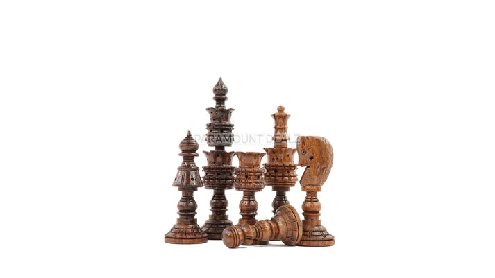 Lotus Style Series 4" King Size Handmade Wooden 32 Chessmen Chess Pieces Set with Velvet Carry Pouch and Sheesham Wooden Chess Box - Designed for Professional Players