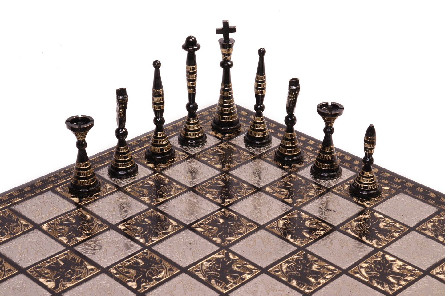 playminds Luxury Silver & Obsidian Hand-Etched matte-black obsidian Metal Chess Set