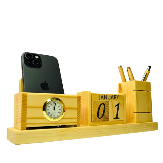 Craft Closet & Gifts - Customized Steam Breech Wooden Office Study Desk Supplies Organizer Stand with Clock, Calendar, Pen/Pencil Holder & Phone/Card Slot For IAS, Advocates, Office & Corporate Gifts