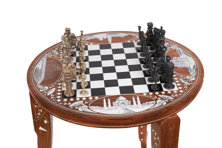 Playminds Handmade Wood Chess Table with Bone Inlay, Hand Crafted Solid Luxury Wooden Board Game & Weighted Pieces Set - Living Room Decors for Lovers