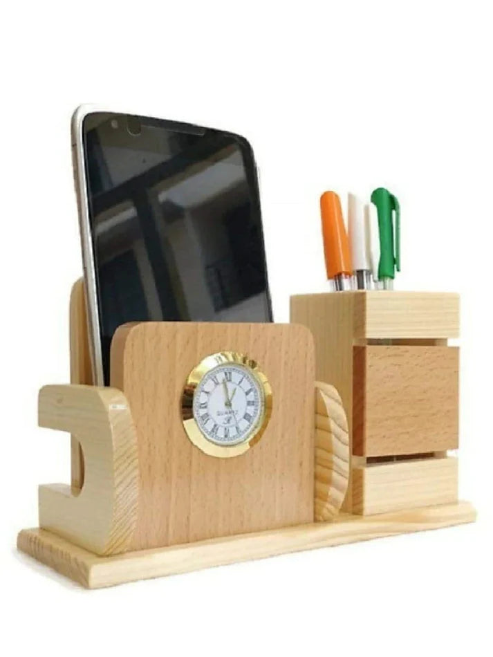 Playminds Personalized Gift, Wooden Desk Organizer with Clock |Pen, Cards & Mobile Holder |Office/Home Decor