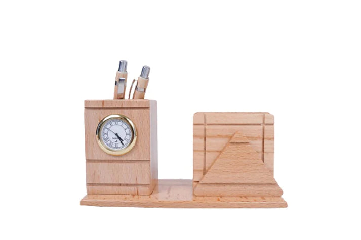 Playminds Personalized Gift, Wooden Desk Organizer with Clock |Pen Holder with Tea Coaster |Office/Home Decor