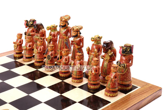 Playminds Wooden Indian Musical Theme 6" Chess Set - Handcrafted Chess Board with Chess Pieces and Box | Golden Rosewood Board for Kids and Adults