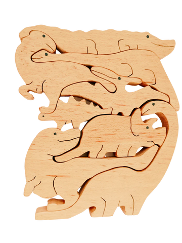Playminds Three in one Stacking toy, Jigsaw Puzzle & Dinosaurs set (8 piece) | Wooden Jigsaw Animals Puzzle | Organic Toy for Brain Development