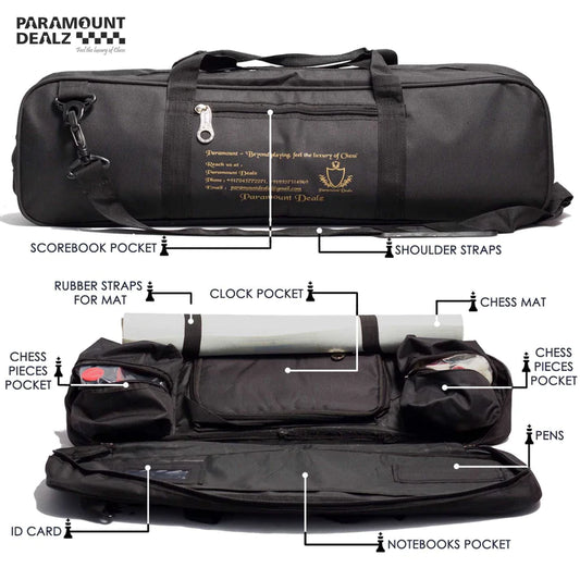 Grand Master Edition Professional Chess Bag [Black] – Large Size; Can keep Chess board, chess pieces, clock, scorebook etc.