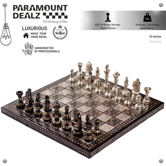 Playminds Vintage Collection 12" Chess Board with Chess Pieces and Chess Box | Made from Solid Brass Handcrafted by Indian Artisan