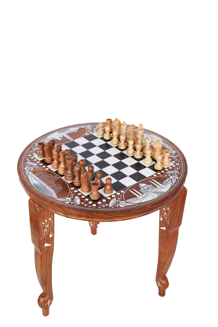 Playminds Chess Table with Bone Inlay - Hand Crafted Solid Luxury Board Game & Weighted Pieces Set - Living Room Decors for Lovers