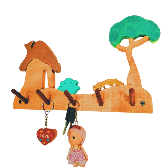 Playminds Forest-House Kids Wall Hanger (Seenary with house, bush, tree and a Fox)| Keys, Cloths, ID Cards Hanger| Kids Room Organizer | Natural Wood Hanger