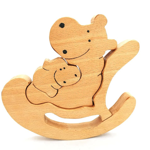 Playminds Wooden Hippo Rocking Baby and Mummy Jigsaw Puzzle | Wooden Jigsaw Puzzle | Wooden Showpiece