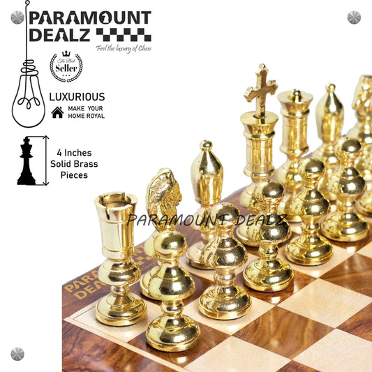 Playminds Castle Series Handcrafted Brass Chess Set (FLAT Wooden Sheesham Board with Solid Brass Chess Set) - Best for Chess Enthusiasts and Gifting purpose