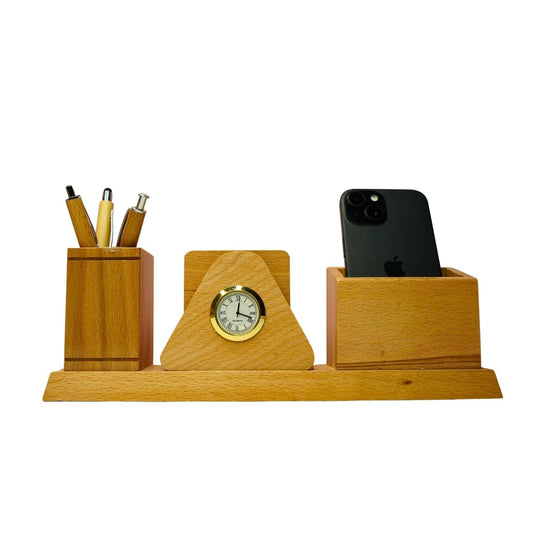 Craft Closet & Gifts - Wooden Desk Organizer with Pencil Pen Stand, Mobile Holder, Clock, and Coaster - Personalized Office Accessory for For IAS, Advocates, Office & Corporate Gifts
