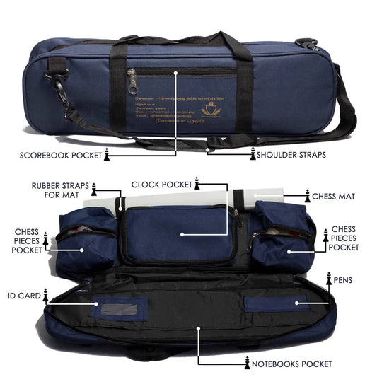 Grand Master Edition Professional Chess Bag [Blue] - Large Size; Can keep Chess board, chess pieces, clock, scorebook etc.