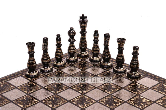 Playminds 14" Brass Chess Board with 32 Brass Chess Pieces and Wooden Chess Box - King Height 3.75"