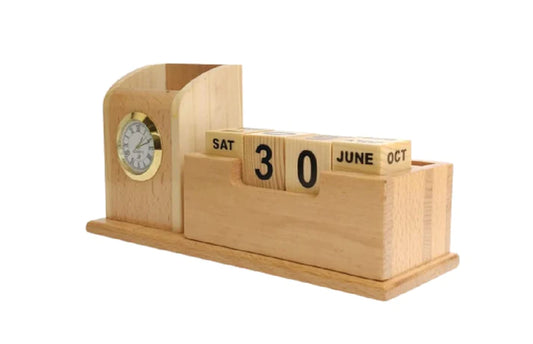 Playminds Personalized Gift, Wooden Desk Organizer with Clock|Pen, Pencil, Marker Holder & Table Calendar| Office/Home Decor