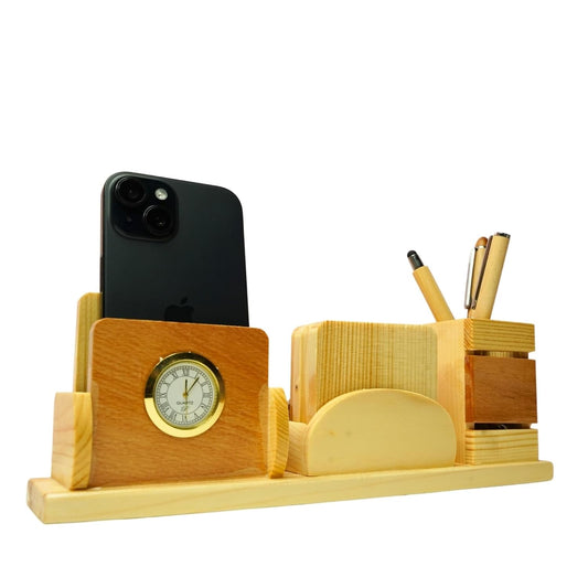 Craft Closet & Gifts - Wooden Pencil/Pen Stand Holder with Clock, Mobile Holder, and Card Holder - Design 2 - Customized Table Desk Office Accessory for IAS, Advocate, Office & Corporate Gifts