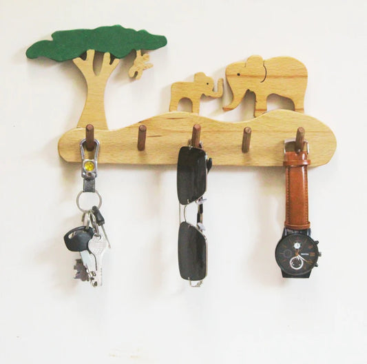 Playminds Elephant Grassland Kids Wall Hanger | Keys, Cloths, ID Cards Hanger| Kids Room Organiser | Natural Wood Hanger