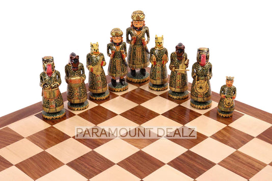 Playminds Wooden Indian Chess Musical Theme  6" Chess Set - Includes Chess Pieces and Chess Box | Made from Golden Rosewood | Handcrafted Wooden Chess Set for All
