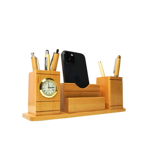 Craft Closet & Gifts - Handcrafted Steam Beech Wooden Desk Supplies Organizer with Clock, Dual Pen/Pencil Stand Holder, Mobile & Card Slots For IAS, Advocates, Office & Corporate Gifts (Customized)