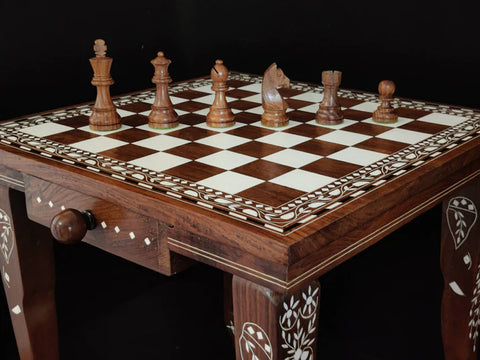 Playminds Chess Table Wooden Inlay in 16" - 18" - 20" | Wood Chess Pieces Set | Chess Board Game Table Furniture, luxury vintage style|schachtisch