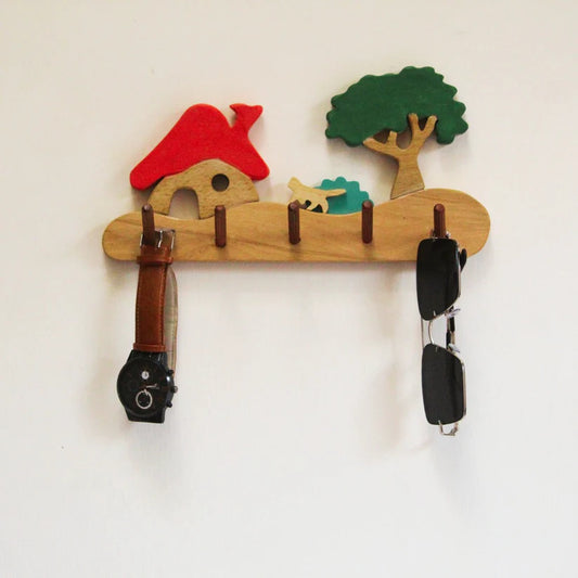 Playminds Farmhouse Kids Wall Cloth Hanger ( Hut, cat, bush and tree)| Keys, Cloths, ID Cards Hanger| Kids Room Organiser | Natural Wood Hanger