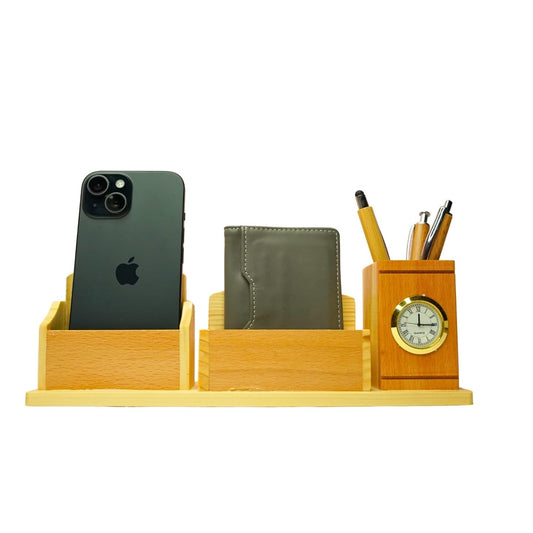 Craft Closet & Gifts - Steam Beech Wooden Desk Supplies Organizer with Clock, Wallet/Card Holder, Pen/Pencil Stand & Mobile Stand For IAS, Advocates, Office & Corporate Gifts