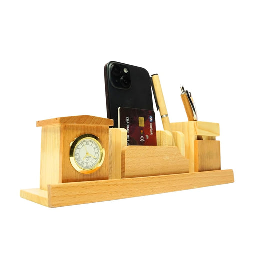 Craft Closet & Gifts - Wooden Pencil/Pen Stand Holder with Mobile, Card Holder and Clock - Design 2 - Personalized Office Accessory for IAS, Advocate, Office & Corporate Gifts