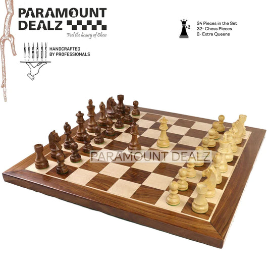 Playminds Grand Master Square Cornered Edition 21 inches Wooden chess board (Acacia wood & Maple wood) with 3.75″ wooden weighted chess pieces and drawstring Velvet chess pouch (Must buy for chess players)