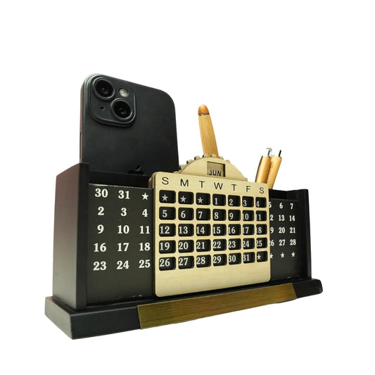 Craft Closet & Gifts - Wooden Stylish Calendar Design Mobile and Pencil Holder - Personalized Office Table Desk Supplies Accessory for IAS, Advocate, Office & Corporate Gifts