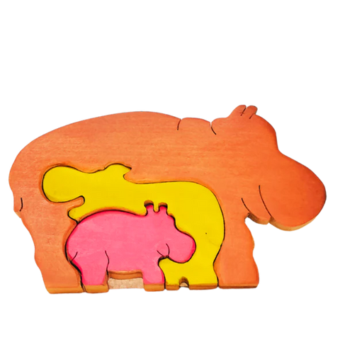 Playminds Hippo Family Brain Teaser Jigsaw Animal Puzzle set (3 pieces)| Lock in blocks puzzle set| Animals Puzzle| Wooden Puzzle