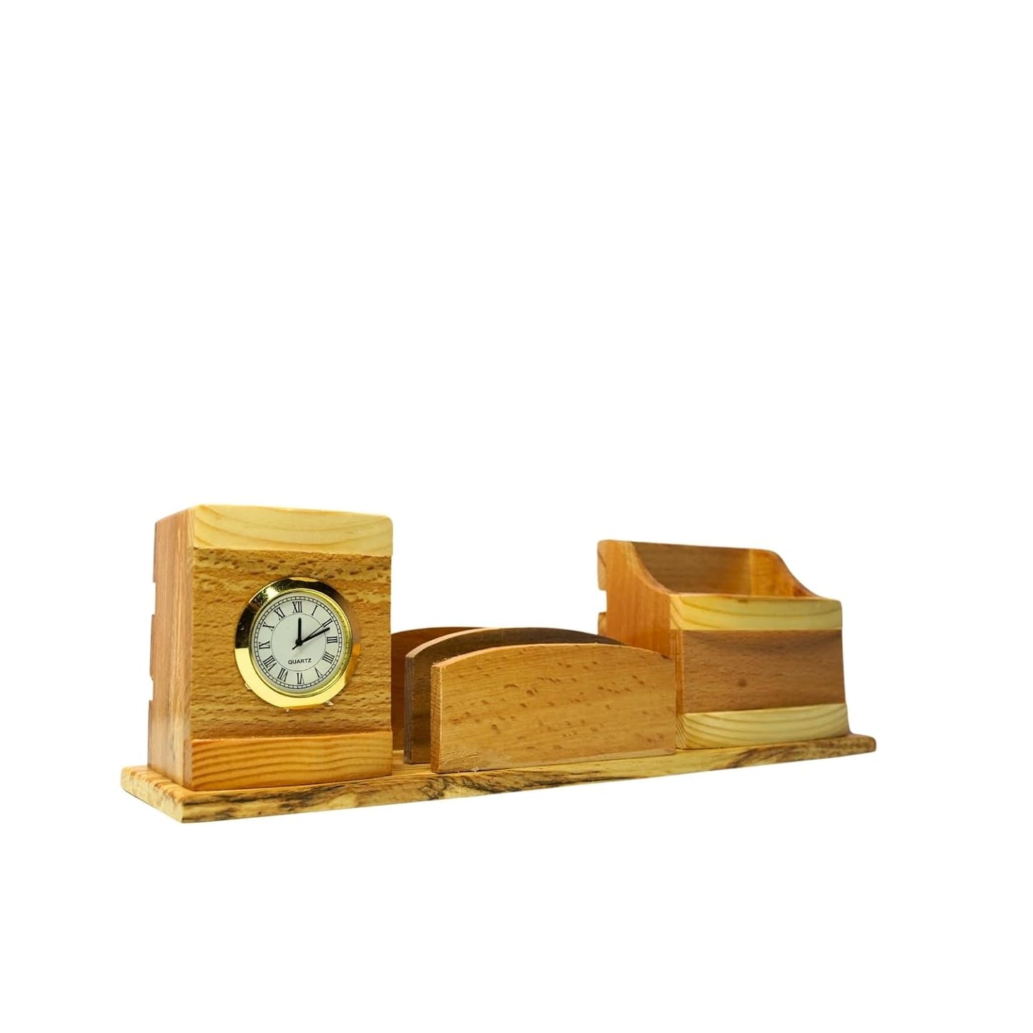 Craft Closet & Gifts - Steam Beech Wood Pencil/Pen Stand Holder with Mobile and Card Holder + Clock - Design 1 - Personalized Office Accessory for IAS, Advocate, Office & Corporate Gifts