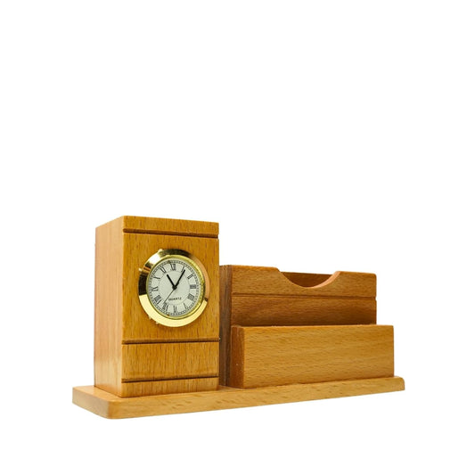 Craft Closet & Gifts - Wooden Pencil/Pen Stand Holder with Clock, Mobile Holder, and Card Holder - Design 1 - Personalized Office Desk Supplies Accessory for IAS, Advocate, Office & Corporate Gifts