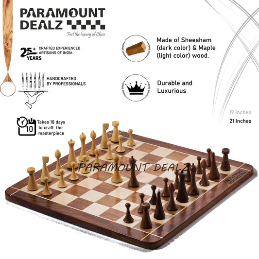 Minimalist Hermann Ohme Chess Pieces in Sheesham & Box Wood & 21" Sheesham Maple Wooden Chess Board - 3.75" King