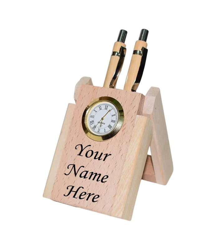 Craft Closet & Gifts - Wooden Desk Organizer with Clock |Double Pen Holder |Office/Home Decor
