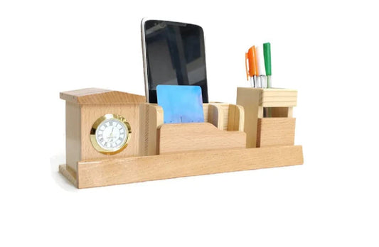 Playminds Personalized Gift, Wooden Desk Organizer with Clock |Pen, Cards & Mobile Holder |Office/Home Decor