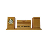 Craft Closet & Gifts - Handcrafted Steam Beech Wooden Desk Supplies Organizer with Clock, Dual Pen/Pencil Stand Holder, Mobile & Card Slots For IAS, Advocates, Office & Corporate Gifts (Customized)
