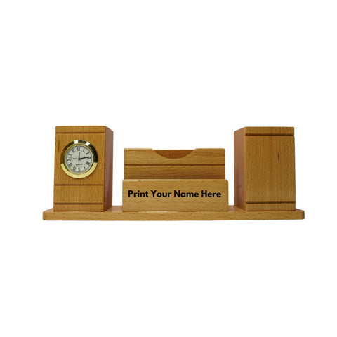 Craft Closet & Gifts - Handcrafted Steam Beech Wooden Desk Supplies Organizer with Clock, Dual Pen/Pencil Stand Holder, Mobile & Card Slots For IAS, Advocates, Office & Corporate Gifts (Customized)