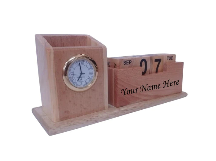 Playminds Personalized Gift, Wooden Desk Organizer with Clock|Pen, Pencil, Marker Holder & Table Calendar| Office/Home Decor