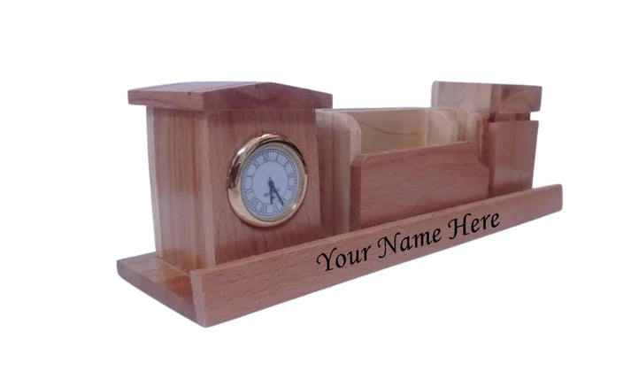 Playminds Personalized Gift, Wooden Desk Organizer with Clock |Pen, Cards & Mobile Holder |Office/Home Decor