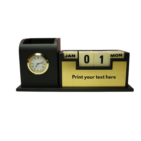 Craft Closet & Gifts - Personalized Classic Matte Black Pencil Pen Holder Stand with Clock, Rolling Calendar & Mobile Stand For IAS, Advocates, Office & Corporate Gifts (Customized)