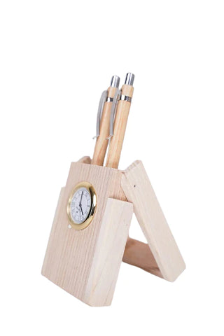 Craft Closet & Gifts - Wooden Desk Organizer with Clock |Double Pen Holder |Office/Home Decor